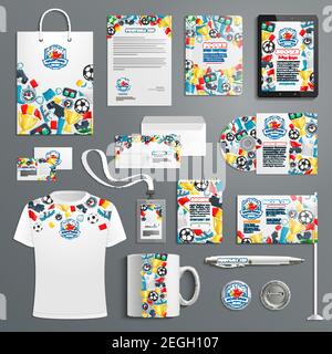 Calcio o calcio sport squadra universitaria o club pubblicità promo modelli di articoli per il branding. Abbigliamento con marchio Vector e t-shirt da ufficio Illustrazione Vettoriale