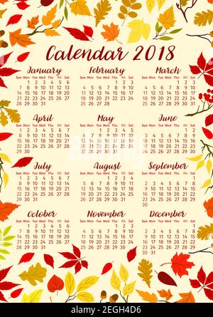 Autunno foglie calendario 2018 modello o caduta fogliame. Disegno vettoriale di acero, quercia o betulla e foglia di rowan. Mazzo di foglie di pioppo, faggio o olmo Illustrazione Vettoriale