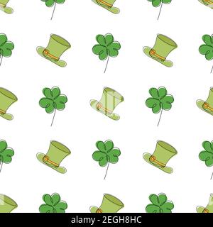 Saint Patrick giorno senza giunture modello - foglie di trifoglio e cappello verde bowler, semplice vettore di vacanza sfondo per l'imballaggio, tessuto, carta digitale Illustrazione Vettoriale