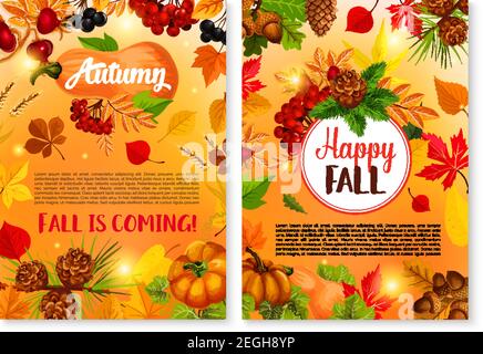 Autunno e felice autunno sta arrivando poster o stagionale biglietti d'auguri set modelli. Foglia d'acero, acorno di quercia e raccolta di frutti di bosco o di zucca, pino e abete Illustrazione Vettoriale
