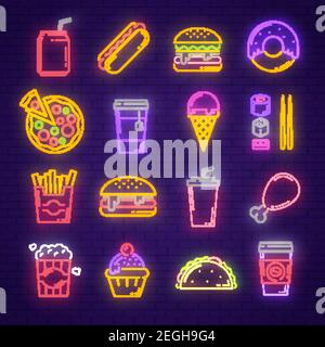 Fast food e drink al neon per il ristorante fast food, hamburger cafe o pizzeria. Hamburger, hot dog e patatine fritte, cheeseburger, pollo e pizza, Illustrazione Vettoriale