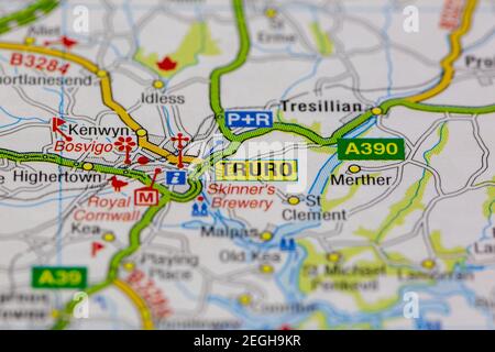 Truro e le aree circostanti visualizzate su una mappa stradale o. mappa geografica Foto Stock