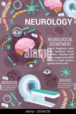 Banner clinica diagnostica di malattia neurologica con icona di visita medica. Strumento medico neurologo e poster di scansione MRI con neurone, cervello, colonna vertebrale e pi Illustrazione Vettoriale