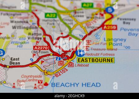 Eastbourne e le aree circostanti mostrate su una mappa stradale o. mappa geografica Foto Stock