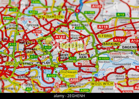 Stratford e le aree circostanti sono mostrate su una mappa stradale o. mappa geografica Foto Stock
