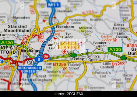L'aeroporto di Londra stansted e le aree circostanti sono mostrate su una strada mappa o mappa geografica Foto Stock