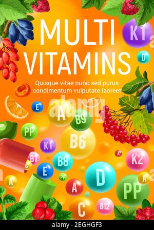 Striscione multivitaminico e complesso minerale con frutta fresca e cornice di frutti di bosco. Capsula colorata e palla di vitamina naturale poster per una sana alimentazione, dieta Illustrazione Vettoriale