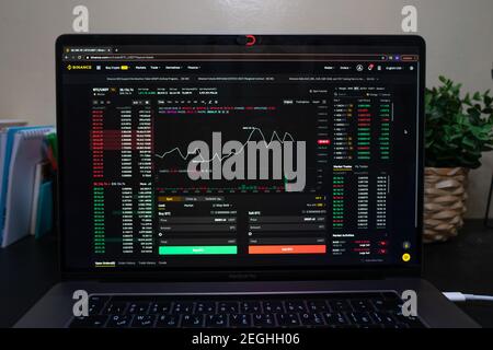 Grafico di valuta di Crypto con i valori che si muovono in su e giù, le statistiche di commercio e l'analisi sullo schermo del laptop | sfondo del forex | Opzioni binarie | azioni Foto Stock