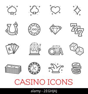 Set di icone vettoriali Casino. Concetto di vero denaro casinò o gioco di poker, sette fortunati e il gioco d'azzardo chip scambio. Simbolo di roulette e gioco d'azzardo isolato Illustrazione Vettoriale