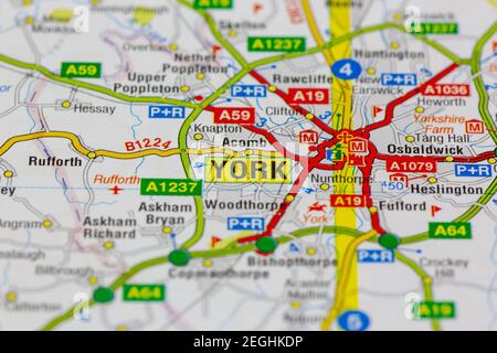 York e le aree circostanti sono mostrate su una mappa stradale o. mappa geografica Foto Stock