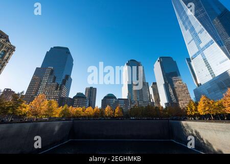 Il sole illumina le file di alberi di colore autunnale che circondano la piscina Memorial South nel National September 11 Memorial a Lower Manhattan. Foto Stock