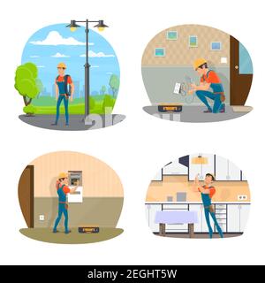 Elettricista con set di icone per la progettazione di servizi elettrici. Elettricista professionista che cambia lampadina e ripara la presa, elettricista Illustrazione Vettoriale