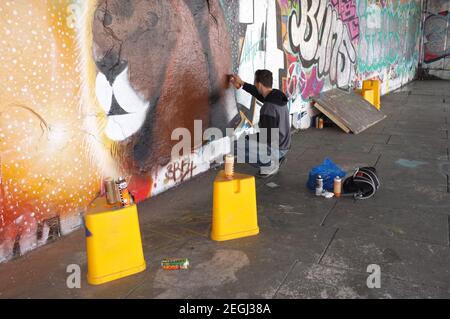 Londra, Inghilterra - 26 maggio 2013: Un giovane artista di graffiti spray sta dipingendo su una parete di cemento la testa di un leone; questo graffiti e altri sono sulla R Foto Stock