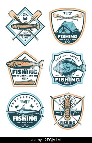 Pesca icone creative con pesce spada e salmone. Badge vettoriali per tornei o tour. Emblemi vintage ed etichette per la pesca sportiva design Illustrazione Vettoriale