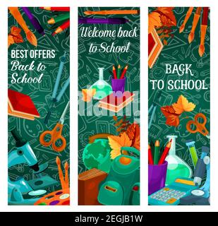 Banner di vendita Back to School per la promozione di sconti per il negozio scolastico stagionale di settembre su motivi di lavagna verde. Borsa scuola vettoriale, libri o vernice b Illustrazione Vettoriale