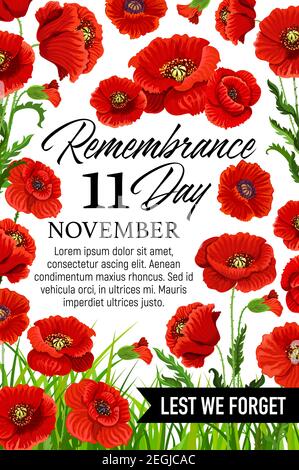 11 novembre biglietto d'auguri per il giorno del papavero o del giorno della memoria. Manifesto rosso papavero vettore per Anzac e memoriale mondiale di libertà del Commonwealth in Australia, New Ze Illustrazione Vettoriale
