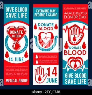 Donare striscioni di vettori di sangue. Goccia di sangue e di mano che significa aiuto e carità. Concetto di donazione, dare sangue, salvare la vita. Striscioni per celebratin Illustrazione Vettoriale