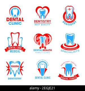 Set di icone vettoriali per clinica odontoiatrica isolate su sfondo bianco. Emblemi vettoriali per servizio odontoiatrico per ambulatori odontoiatrici. Concetto di salute dentale e medica Illustrazione Vettoriale