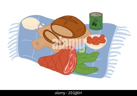 Pasto rustico servito, pane e carne su coperta Illustrazione Vettoriale