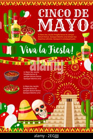 Biglietto d'auguri per il Cinco de Mayo per la festa messicana festa fiesta celebrazione di simboli tradizionali jalapeno pepe, sombrero e tequila o cranio. Vettore Illustrazione Vettoriale