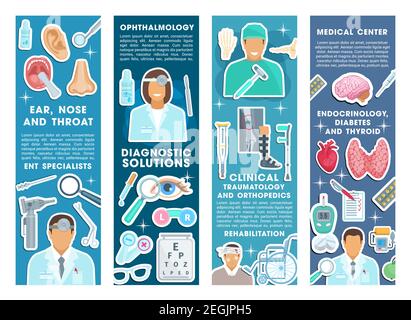 Striscioni di salute medica per centro sanitario o clinica ospedaliera. Set di vettori per oftalmologia, traumatologia e ortopedia o terapia endocrinologica d Illustrazione Vettoriale