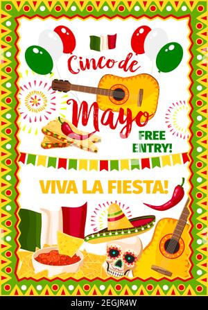 Cinco de Mayo biglietto di auguri per le festività messicane per la celebrazione nazionale del Messico. Viva Fiesta disegno di bandiera messicana tradizionale, chitarra e jalapen Illustrazione Vettoriale