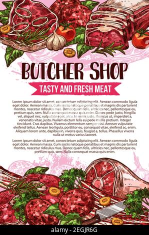 Macellaio disegno poster disegno di prodotti a base di carne. Vettore macelleria naturale di carne di manzo o di montone e prosciutto o di maiale con spezie per il mercato agricolo o gr Illustrazione Vettoriale