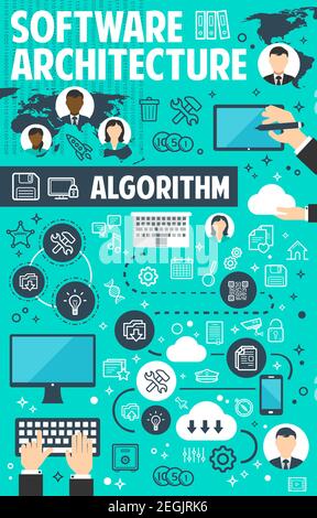 Banner dell'architettura software per la progettazione di temi IT di rete. Poster di computer, server dati cloud e notebook con supporto tecnico, i Illustrazione Vettoriale