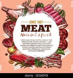 Carne fattoria prodotti freschi e salsicce disegno poster di carne fattoria delicatessen. Disegno vettoriale di cervelat gourmet, salsiccia di peperoni, filetto di maiale o ape Illustrazione Vettoriale
