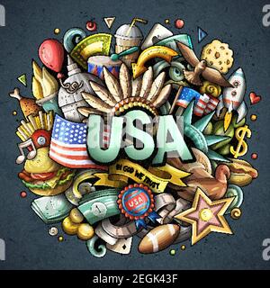 USA disegno a mano cartoni animati doodle illustrazione. Illustrazione Vettoriale