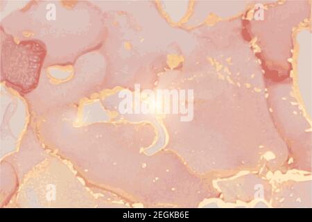 Lussuosa rosa polverosa, con texture in quarzo o marmo in pietra d'oro. Tecnica dell'inchiostro dell'alcool sfondo vettoriale astratto. Vernice moderna con glitter. Modello per Illustrazione Vettoriale