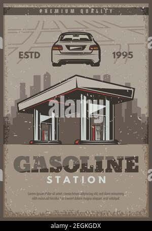 Poster retrò della stazione di benzina o di un servizio di auto di design vintage per il negozio di automobili o il centro di riparazione meccanica. Stazione di rifornimento a gas vettoriale per la diagnostica dell'auto Illustrazione Vettoriale