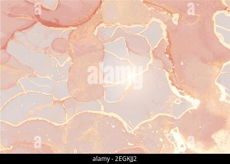 Rosa arrossata di lusso e marmo in pietra d'oro con texture in quarzo. Tecnica dell'inchiostro dell'alcool sfondo vettoriale astratto. Vernice moderna in colori naturali con glitter Illustrazione Vettoriale