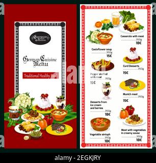 Il menu del ristorante di cucina tedesca propone piatti e bevande tradizionali bavaresi. Stufato di carne e casseruola con verdure, bistecca, birra, minestra di cavolo e. Illustrazione Vettoriale