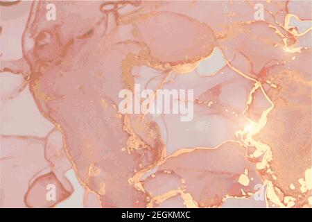 Rosa polverosa e sfondo in pietra d'oro con texture di marmo. Tecnica orientale dell'inchiostro dell'alcool. Pittura vettoriale astratta moderna con glitter. Temp Illustrazione Vettoriale