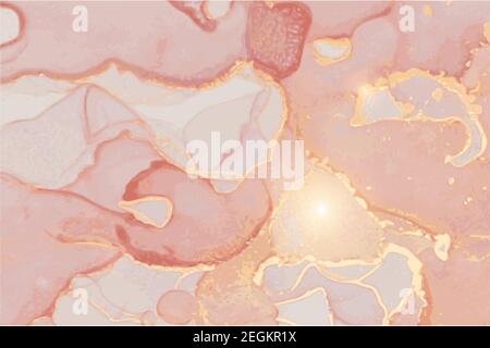 Tessuto in quarzo di marmo in pietra dorata e rosa polveroso. Tecnica dell'inchiostro dell'alcool sfondo vettoriale astratto. Vernice moderna e di lusso con glitter. Modello per bann Illustrazione Vettoriale