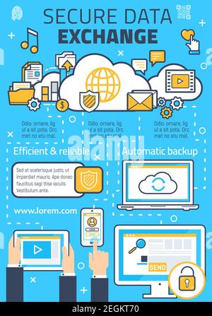 Scambio sicuro dei dati Internet e crittografia dei file cloud Web per la sicurezza privata. Design vettoriale sottile della crittografia di computer e smartphone o pe Illustrazione Vettoriale