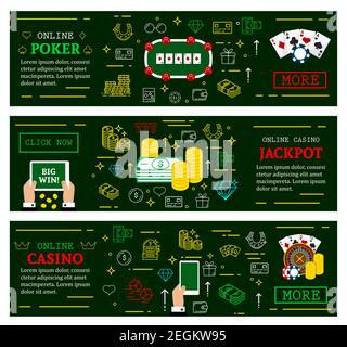 Banner Web di poker del casinò online per il gioco d'azzardo jackpot. Vettore linea sottile disegno artistico di dadi, carte da gioco e vincere soldi monete d'oro per il poker online o Illustrazione Vettoriale