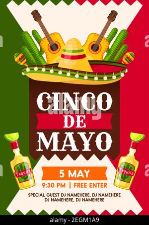 Modello di banner per il party messicano Cinco de Mayo Holiday fiesta. Cappello sombrero, maracas e bottiglia di tequila, chitarra flamenco e biglietto d'invito cactus desig Illustrazione Vettoriale