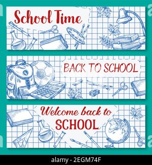 Back to School banner di inchiostro penna sketch lavagna e materiali di cancelleria. Insieme vettoriale di foglia d'acero autunno, libro di lezioni di chimica o borsa scuola e. Illustrazione Vettoriale