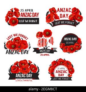 Anzac giorno icone di fiori di papavero rosso per il 25 aprile Australian e Nuova Zelanda guerra ricordo anniversario. Simboli vettoriali impostati per Anzac Day Lest We per Illustrazione Vettoriale