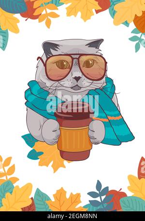 Poster della moda. Gatto britannico con una corona di foglie e una tazza di caffè. Stampa con un simpatico gattino avvolto in una sciarpa. Scheda divertente nello stile di schizzo. Illustrazione vettoriale isolata su sfondo bianco. Illustrazione Vettoriale