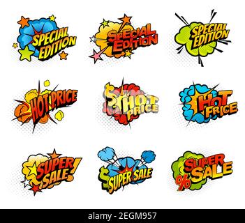 Acquisto vendita promozione pop art esplosioni nuvole. Edizione speciale, prezzo caldo e super vendita fumetti scoppio bolle, esclamazioni nuvole. Negozio vendita o pur Illustrazione Vettoriale