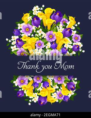 Grazie biglietto d'auguri floreale mamma per la festa della mamma. Disegno vettoriale di mazzo floreale primaverile di tulipani gialli e gocce di neve bianca, bouq primaverile Illustrazione Vettoriale