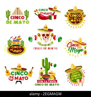 Cinco de Mayo icone messicane festeggiamenti. Set vettoriale di Messico Aztec piramide, cappello sombrero e cranio con peperoncino jalapeno, chitarra e teq Illustrazione Vettoriale