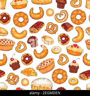 Dessert di pane e pasticceria dal motivo senza cuciture. Vetector sketch sfondo di pasticceria al forno, sacchetto di farina, pane di frumento e bagel di segala o baguette di croissant an Illustrazione Vettoriale