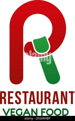Logo aziendale per il ristorante vegan o il caffè. Logo Vector design in rosso e verde isolato su bianco. Segno astratto per il ristorante vegan food. Veg Illustrazione Vettoriale