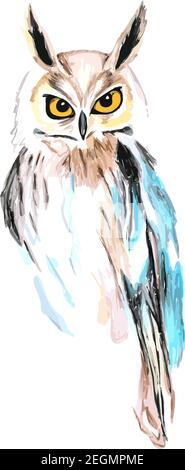 Disegno a mano acquerello colorato illustrazione di gufo isolato su sfondo bianco. Illustrazione Vettoriale