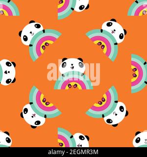 Kawaii panda arcobaleno senza giunture di sfondo vettoriale. Sfondo con simpatici cartoni animati in bianco e nero che si tengono sui arcobaleni. Ridendo e. Illustrazione Vettoriale