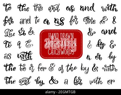 Icone disegnate a mano di e di parole d'angolo. Le preposizioni e le lettere della calligrafia isolata vettoriale, con o con e per o per il carattere creativo ar Illustrazione Vettoriale